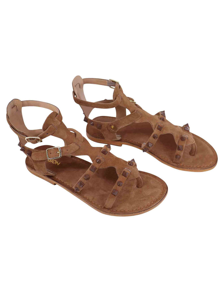 Spatarella Sandali Donna Gladiatore In Camoscio Taupe Con Suola Bassa In Cuoio