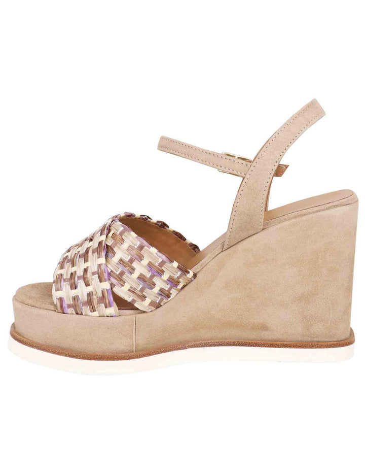 Spatarella Sandali Donna In Camoscio Beige Con Cinturino Alla Caviglia E Zeppa Alta