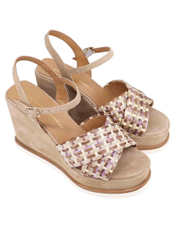 Spatarella Sandali Donna In Camoscio Beige Con Cinturino Alla Caviglia E Zeppa Alta