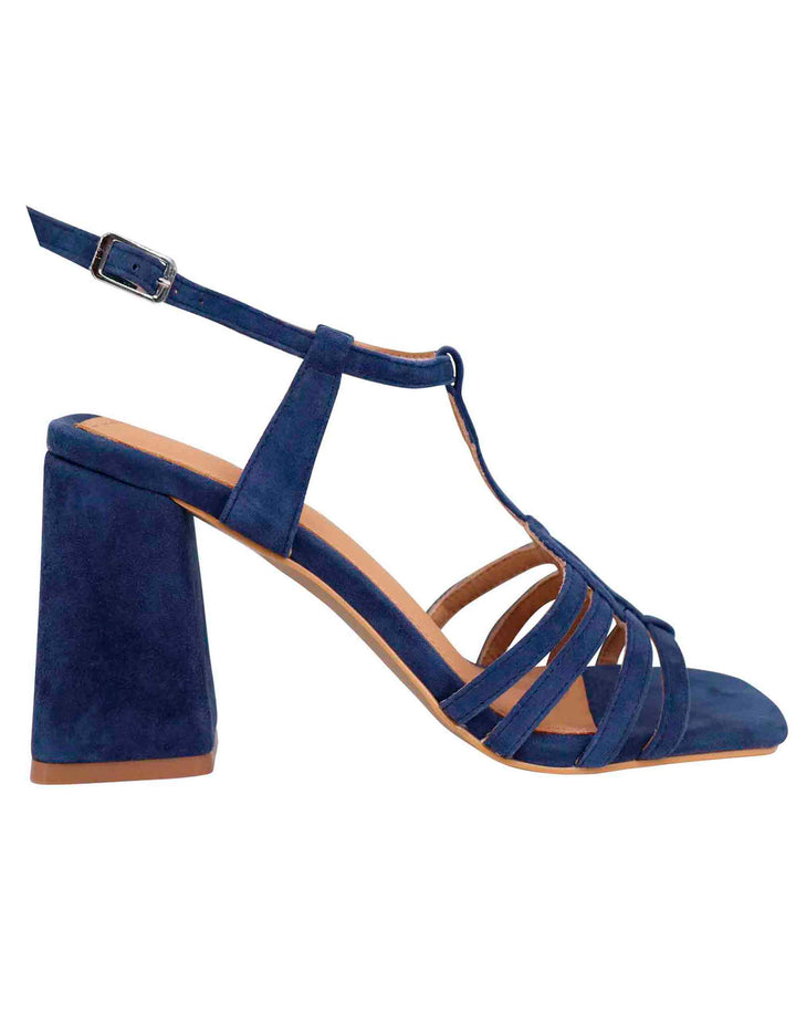 Spatarella Sandali donna in camoscio blu con tacco alto e punta quadra