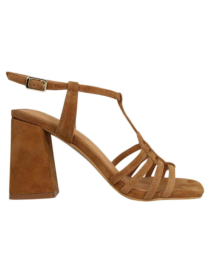 Spatarella Sandali Donna In Camoscio Cuoio Con Tacco Alto E Punta Quadra