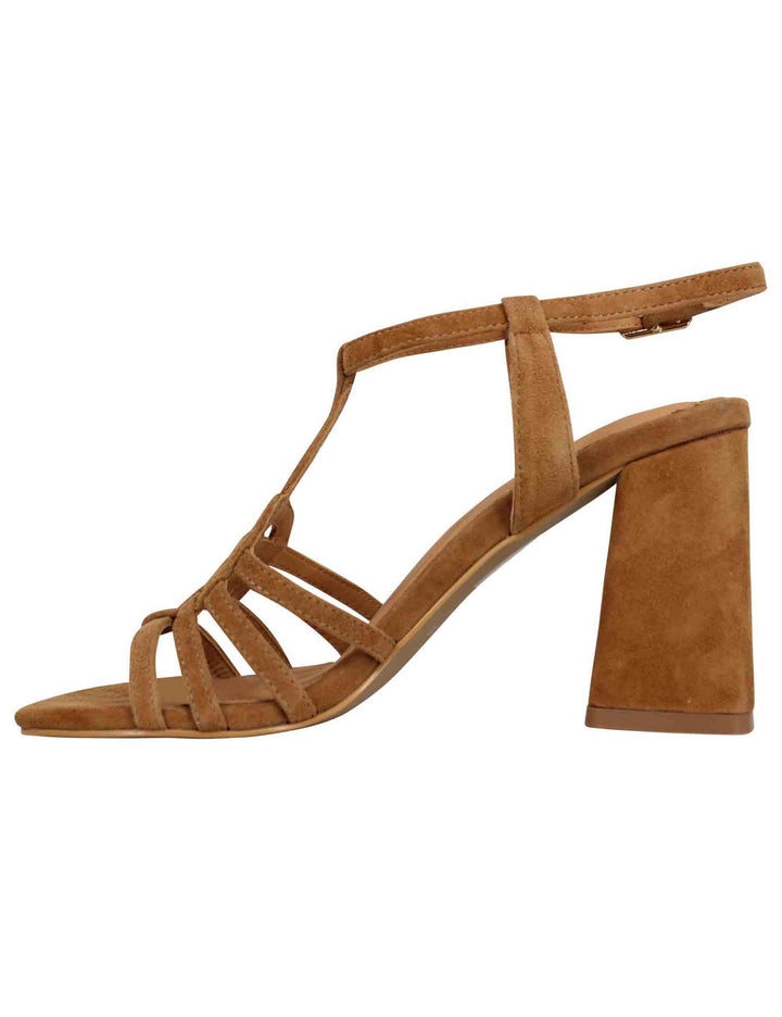 Spatarella Sandali Donna In Camoscio Cuoio Con Tacco Alto E Punta Quadra