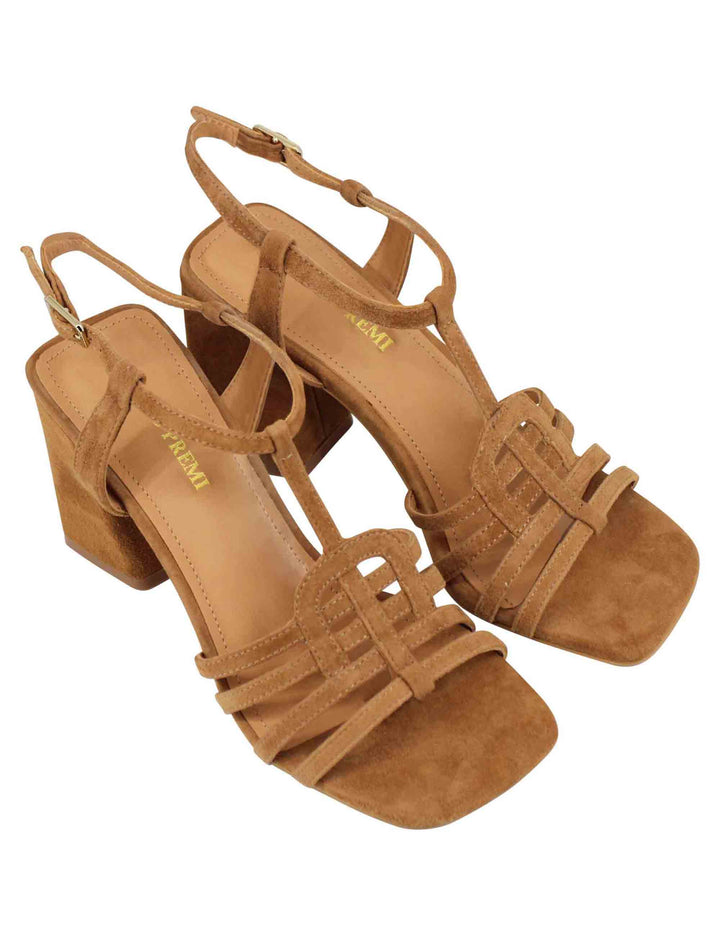 Spatarella Sandali Donna In Camoscio Cuoio Con Tacco Alto E Punta Quadra