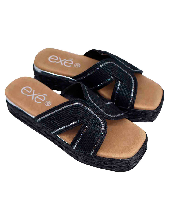 Spatarella Sandali Donna In Corda Nera Con Rifiniture In Argento