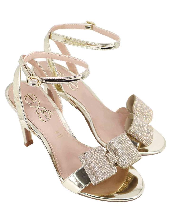 Spatarella Sandali Donna In Eco Pelle Laminata Oro Con Tacco Alto E Strass