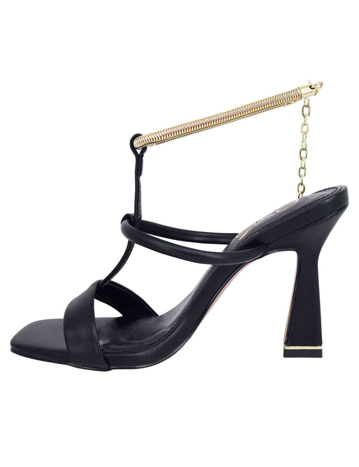 Spatarella Sandali Donna In Eco Pelle Nera Con Tacco Alto E Cavigliera Morbida In Oro