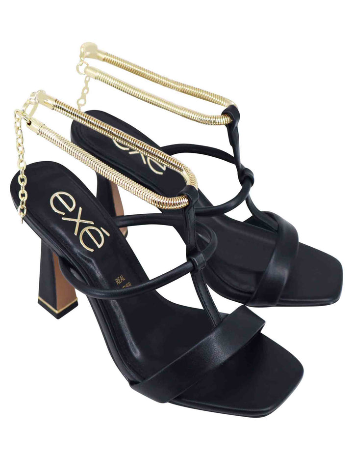 Spatarella Sandali Donna In Eco Pelle Nera Con Tacco Alto E Cavigliera Morbida In Oro