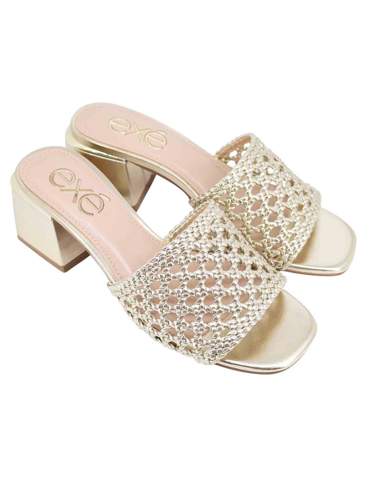 Spatarella Sandali Donna In Eco Pelle Oro Intrecciata Con Punta Quadra