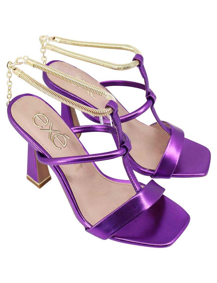 Spatarella Sandali Donna In Eco Pelle Viola Con Tacco Alto E Cavigliera Morbida In Oro