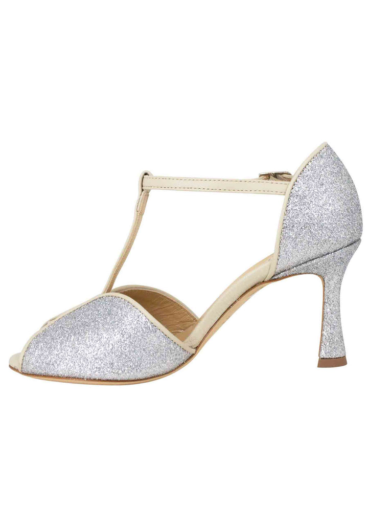Spatarella Sandali Donna In Glitter E Pelle Argento Con Tacco Alto