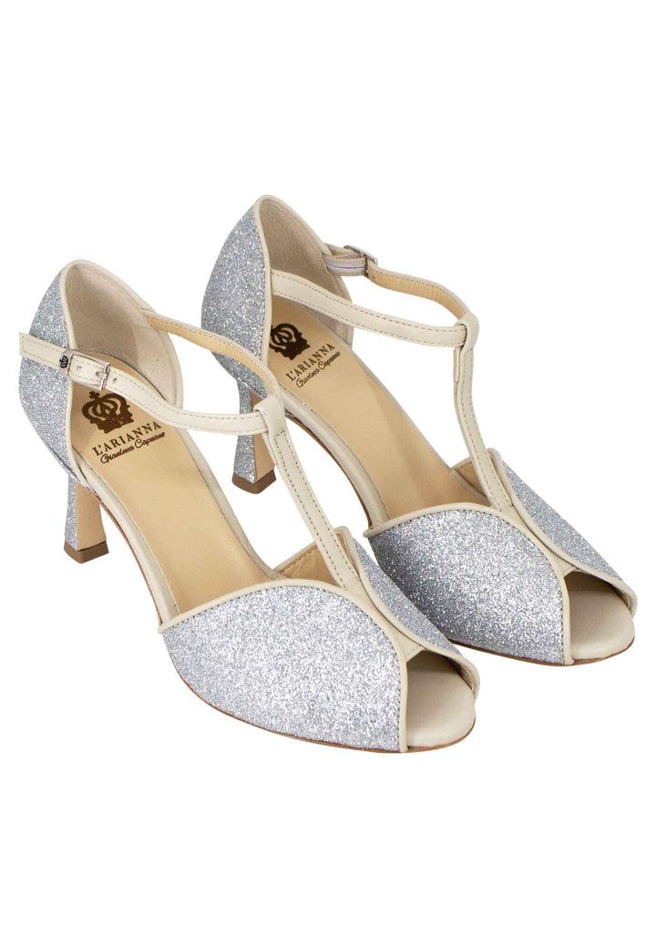 Spatarella Sandali Donna In Glitter E Pelle Argento Con Tacco Alto
