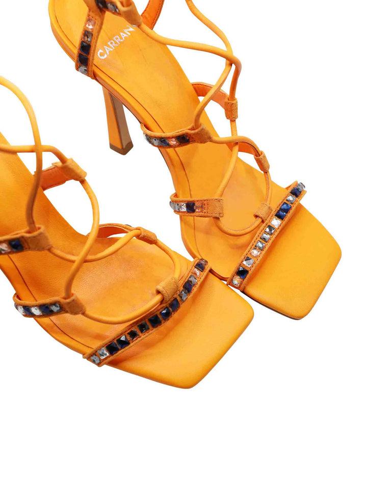Spatarella Sandali Donna In Pelle Arancione Con Borchie Tacco Alto Punta Quadra E Laccetti Alla Caviglia