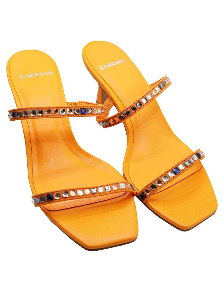 Spatarella Sandali Donna In Pelle Arancione Con Doppia Fascia In Strass E Punta Quadra