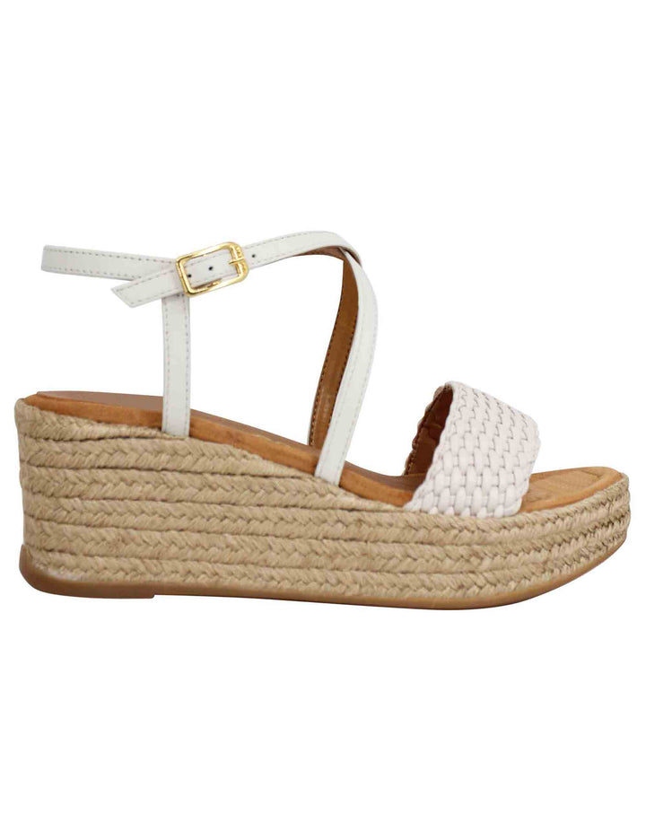 Spatarella Sandali Donna In Pelle Avorio Intrecciata Con Zeppa In Corda