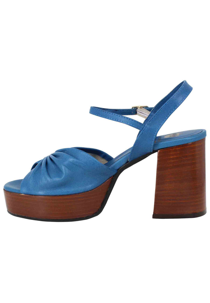 Spatarella Sandali Donna In Pelle Blu Con Tacco E Plateau In Cuoio