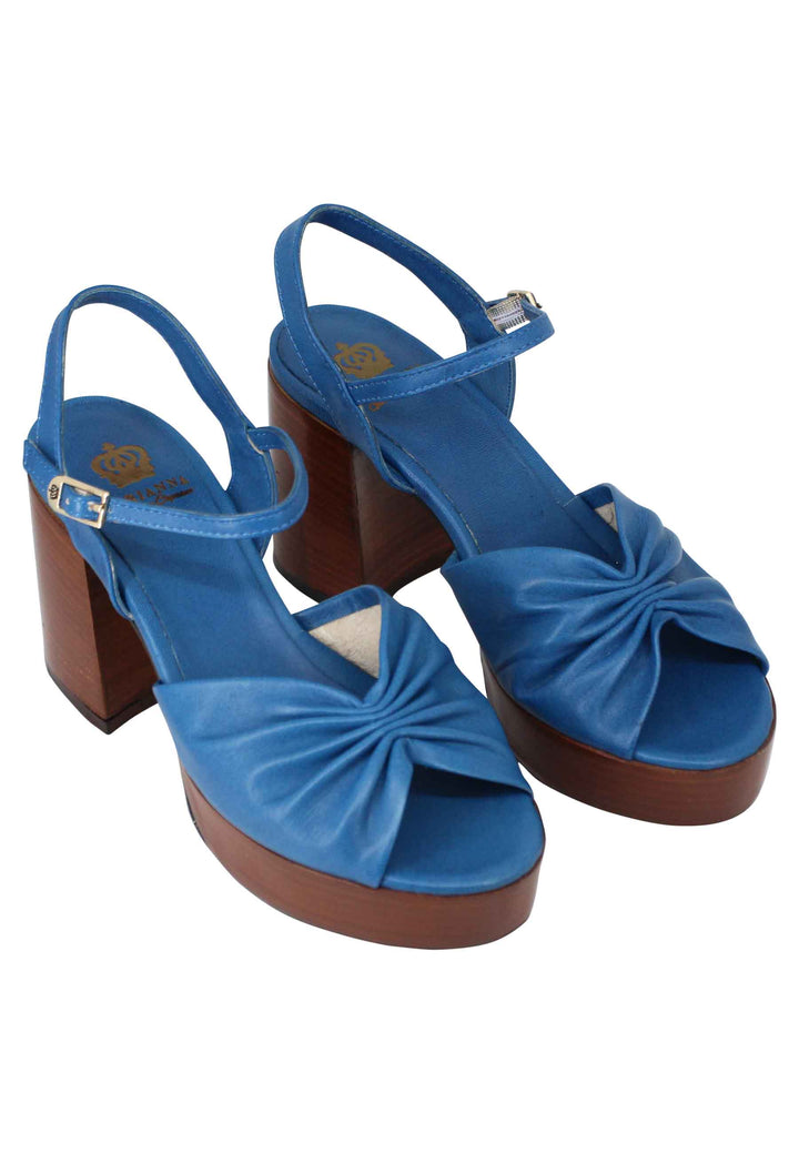 Spatarella Sandali Donna In Pelle Blu Con Tacco E Plateau In Cuoio