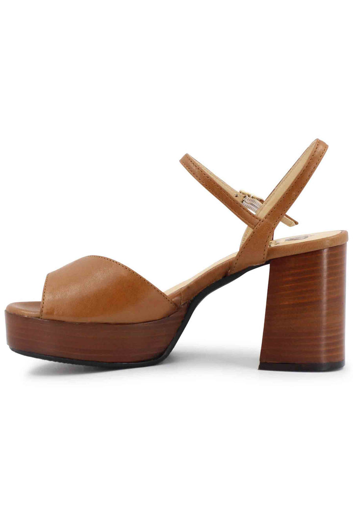 Spatarella Sandali Donna In Pelle Cuoio Con Cinturino E Tacco E Plateau In Cuoio