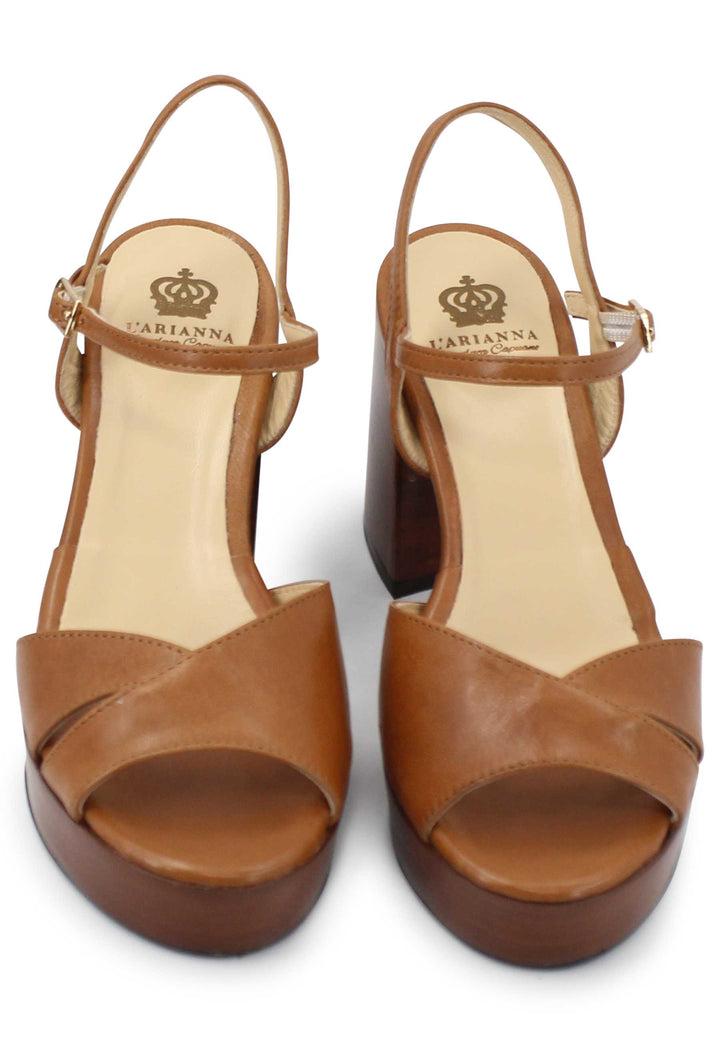 Spatarella Sandali Donna In Pelle Cuoio Con Cinturino E Tacco E Plateau In Cuoio