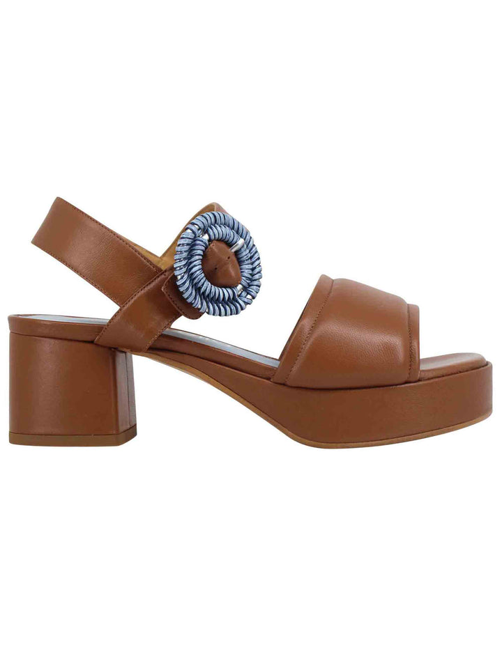 Spatarella Sandali Donna In Pelle Cuoio Con Fibbia Rivestita E Tacco E Plateau