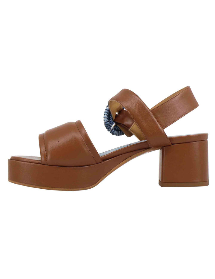 Spatarella Sandali Donna In Pelle Cuoio Con Fibbia Rivestita E Tacco E Plateau