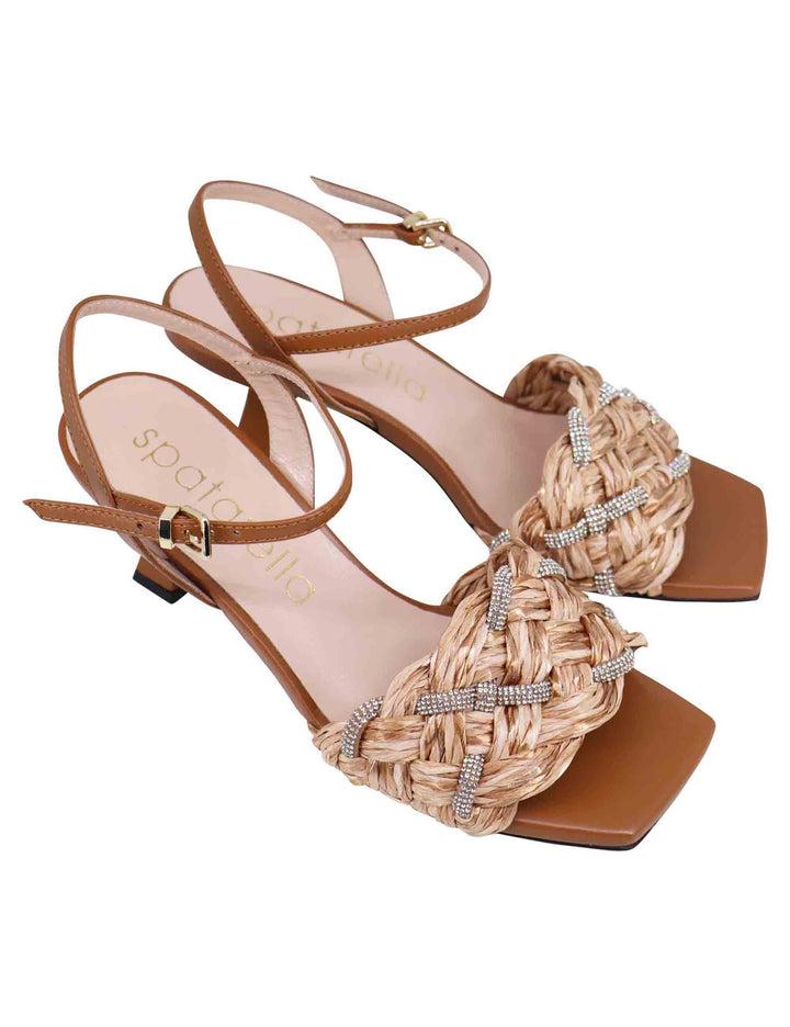 Spatarella Sandali Donna In Pelle Cuoio Con Raffia E Strass A Tacco Alto