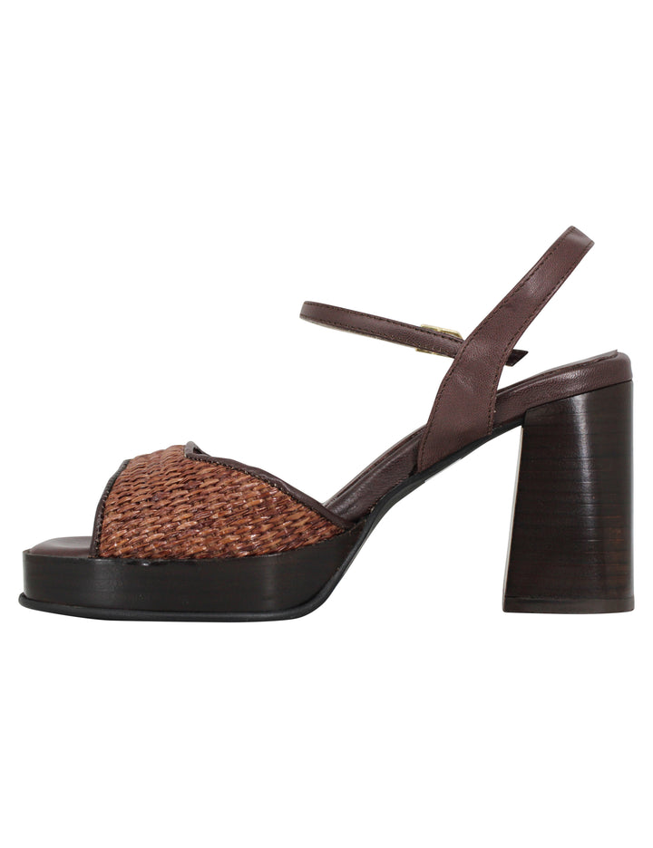 Spatarella Sandali Donna In Pelle E Tessuto Marrone Con Tacco Punta Quadra E Cinturino Alla Caviglia