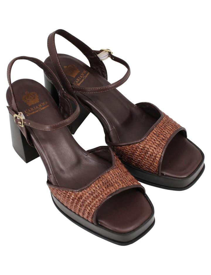 Spatarella Sandali Donna In Pelle E Tessuto Marrone Con Tacco Punta Quadra E Cinturino Alla Caviglia