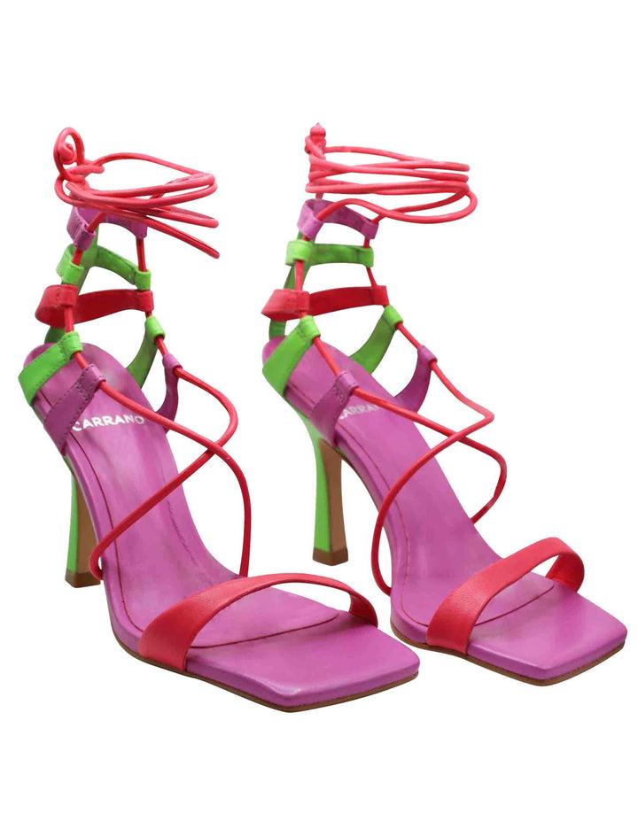 Spatarella Sandali Donna In Pelle Fucsia Con Tacco Alto Punta Quadra E Laccetti Alla Caviglia