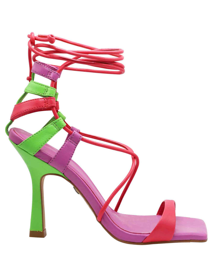 Spatarella Sandali donna in pelle fucsia con tacco alto punta quadra e laccetti alla caviglia