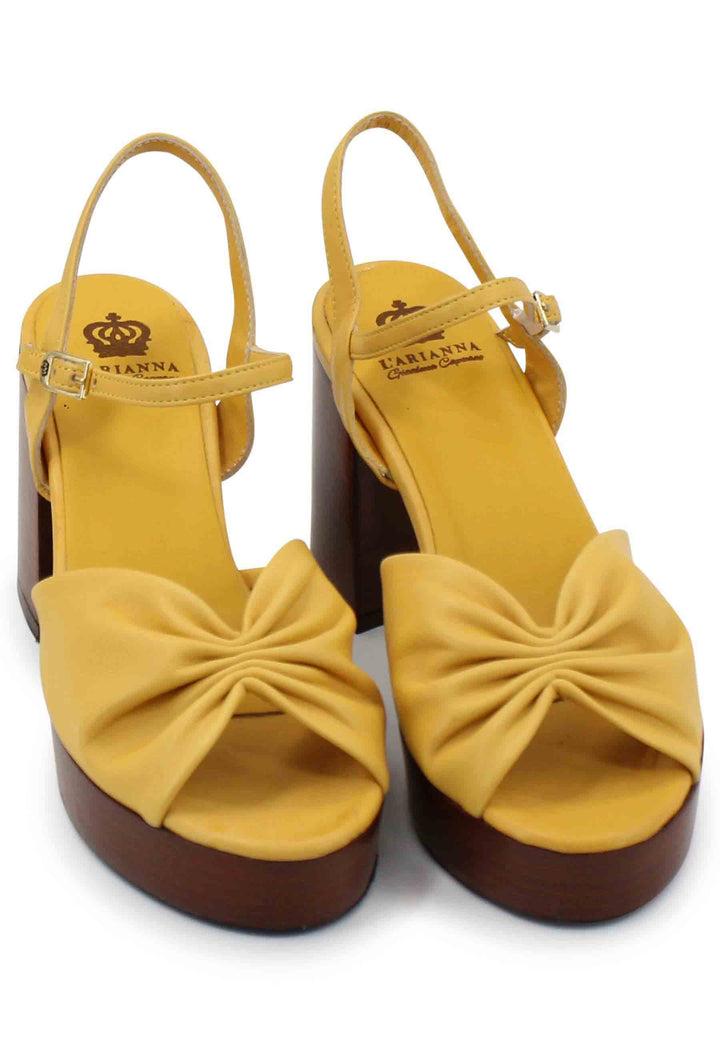 Spatarella Sandali Donna In Pelle Gialla Con Tacco E Plateau In Cuoio