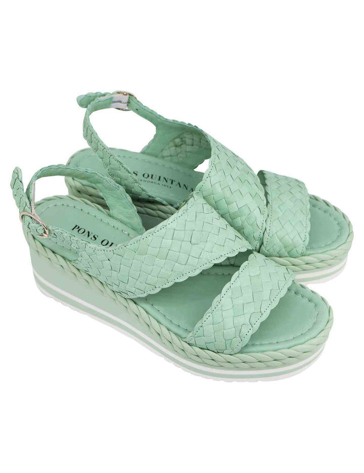 Spatarella Sandali Donna In Pelle Intrecciata Verde Con Zeppa In Gomma