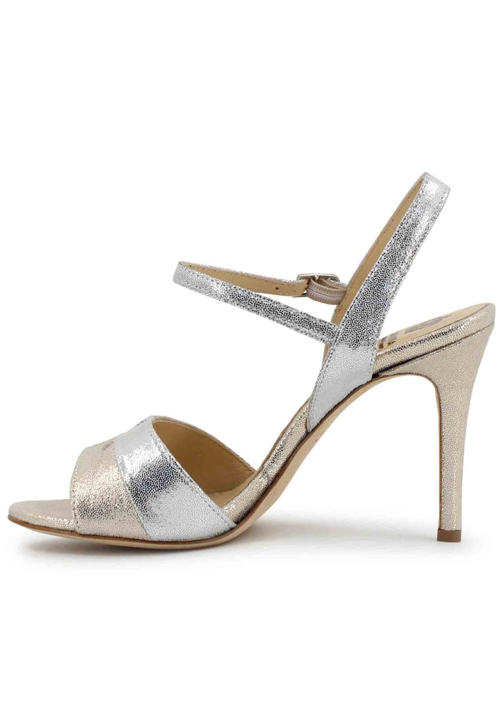 Spatarella Sandali Donna In Pelle Laminata Argento Con Tacco Alto E Cinturino Alla Caviglia