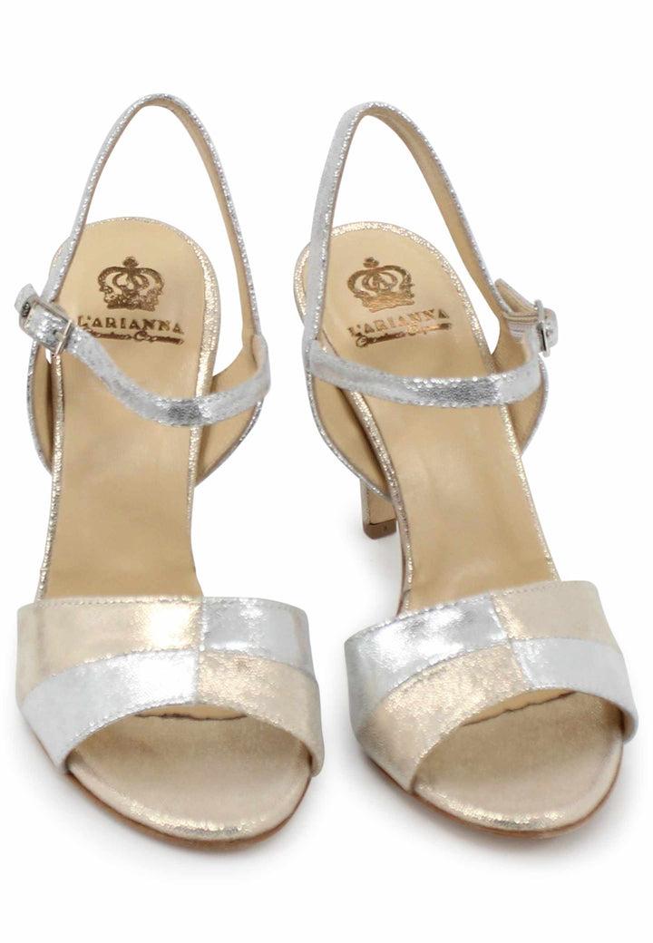 Spatarella Sandali Donna In Pelle Laminata Argento Con Tacco Alto E Cinturino Alla Caviglia