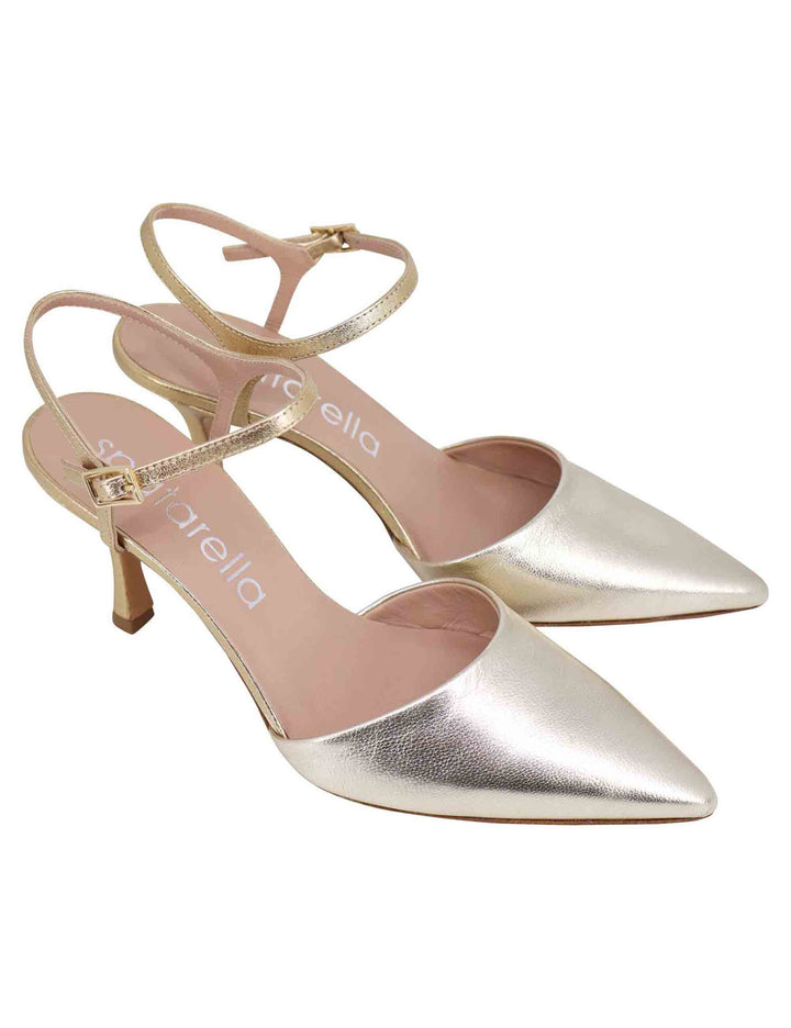 Spatarella Sandali Donna In Pelle Laminata Argento E Platino Con Tacco Alto E Cinturino Alla Caviglia