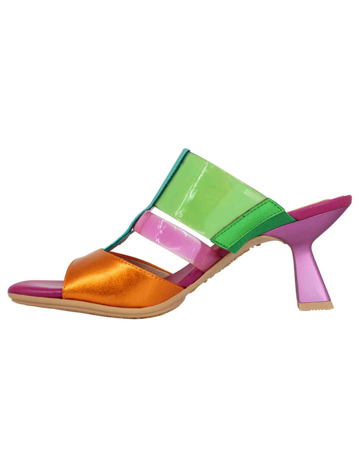 Spatarella Sandali Donna In Pelle Laminata Fuxia E Multicolore Con Punta Quadra