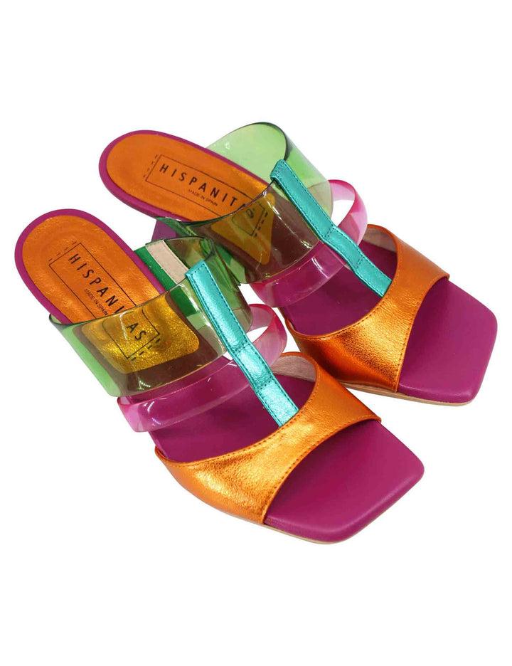 Spatarella Sandali Donna In Pelle Laminata Fuxia E Multicolore Con Punta Quadra