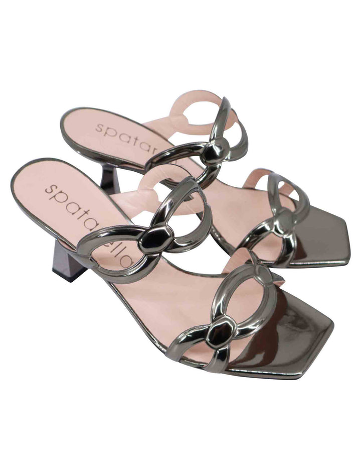 Spatarella Sandali Donna In Pelle Laminata Grigia Con Tacco Alto E Punta Quadra