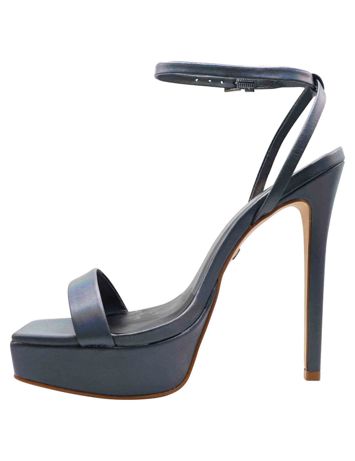 Spatarella Sandali Donna In Pelle Laminata Grigio Scuro Con Tacco Alto E Conturino Alla Caviglia