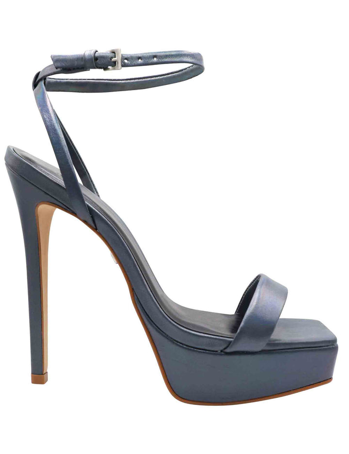 Spatarella Sandali donna in pelle laminata grigio scuro con tacco alto e conturino alla caviglia