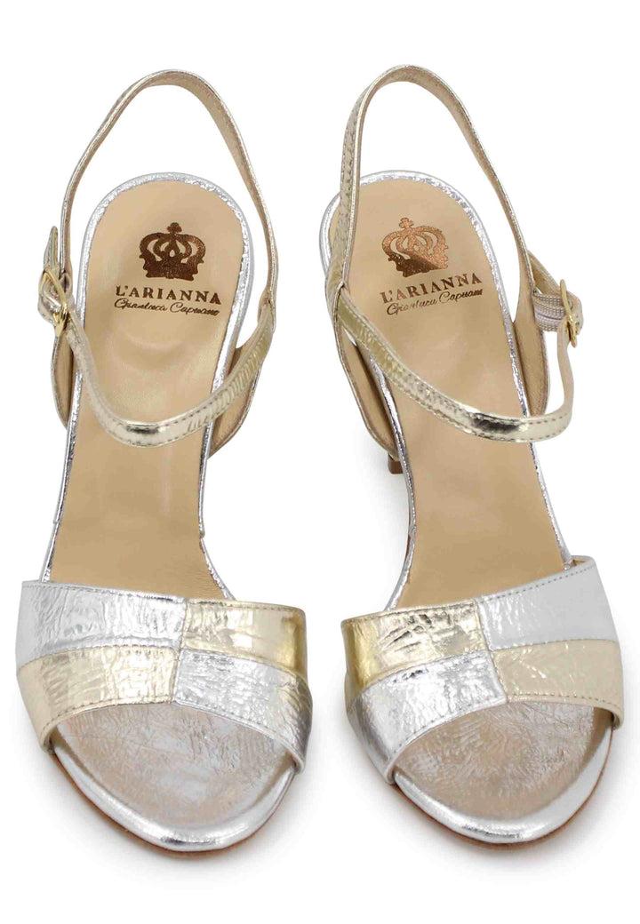 Spatarella Sandali Donna In Pelle Laminata Oro Con Tacco Alto E Cinturino Alla Caviglia