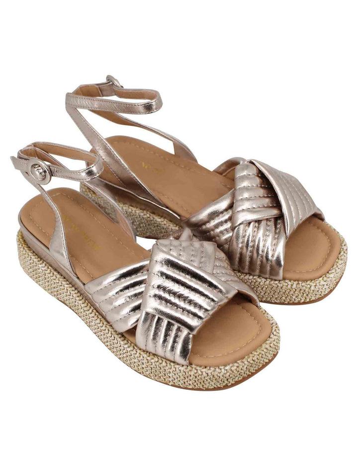 Spatarella Sandali Donna In Pelle Laminata Platino Con Zeppa In Corda E Cinturino Alla Caviglia
