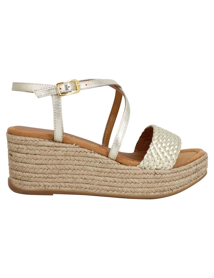 Spatarella Sandali Donna In Pelle Laminata Platino Intrecciata Con Zeppa In Corda