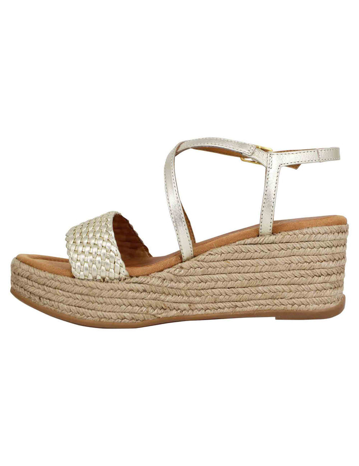 Spatarella Sandali Donna In Pelle Laminata Platino Intrecciata Con Zeppa In Corda