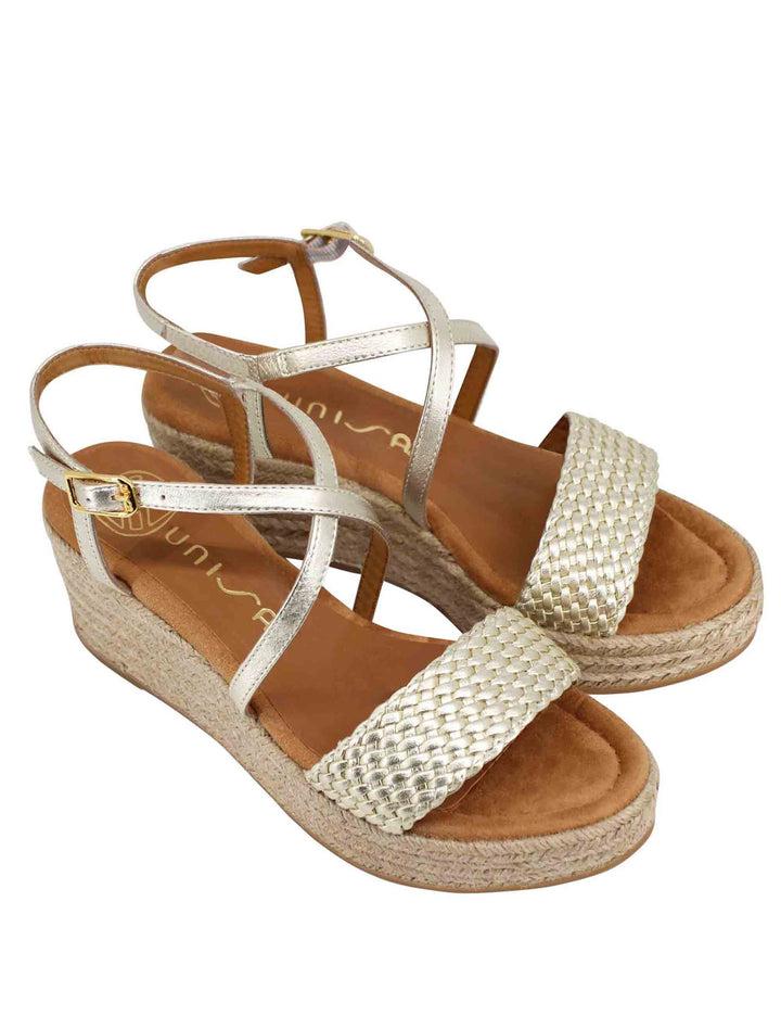 Spatarella Sandali Donna In Pelle Laminata Platino Intrecciata Con Zeppa In Corda
