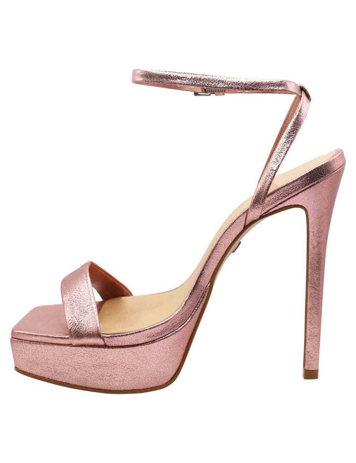 Spatarella Sandali Donna In Pelle Laminata Rosa Con Tacco Alto E Conturino Alla Caviglia