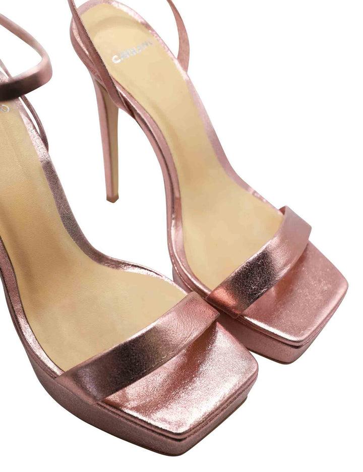 Spatarella Sandali Donna In Pelle Laminata Rosa Con Tacco Alto E Conturino Alla Caviglia