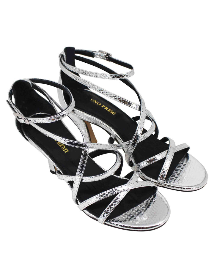Spatarella Sandali Donna In Pelle Laminata Stampata Argento Con Tacco Alto E Cinturini