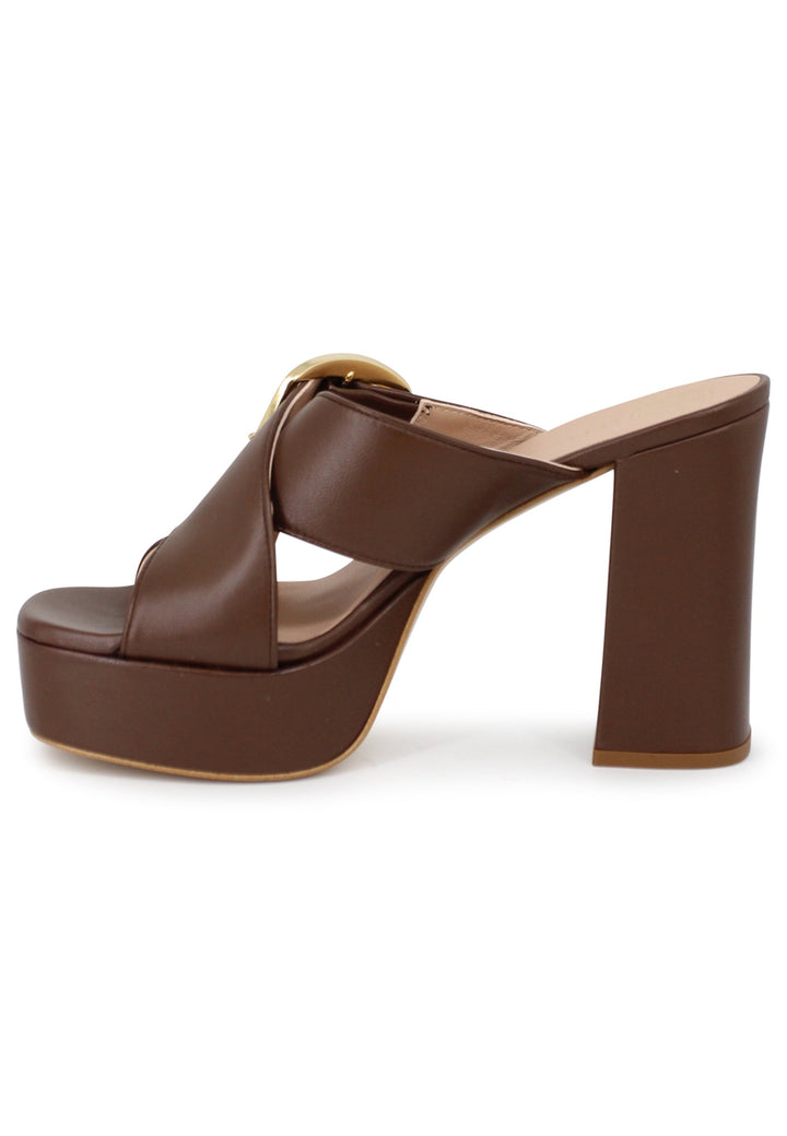 Spatarella Sandali Donna In Pelle Marrone Fibbia Laterale In Oro Con Tacco Alto E Plateau