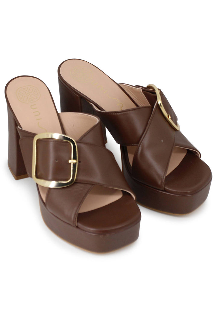 Spatarella Sandali Donna In Pelle Marrone Fibbia Laterale In Oro Con Tacco Alto E Plateau