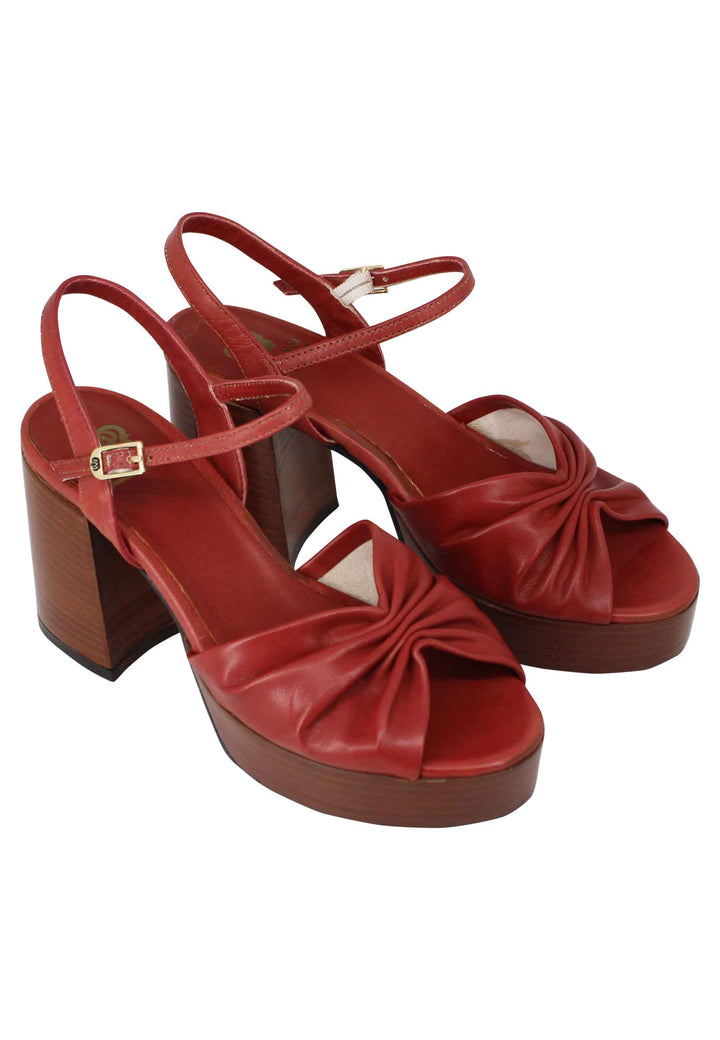 Spatarella Sandali Donna In Pelle Mattone Con Tacco E Plateau In Cuoio